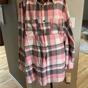 Pink and Gray Plaid Flannel Button-Up Shirt